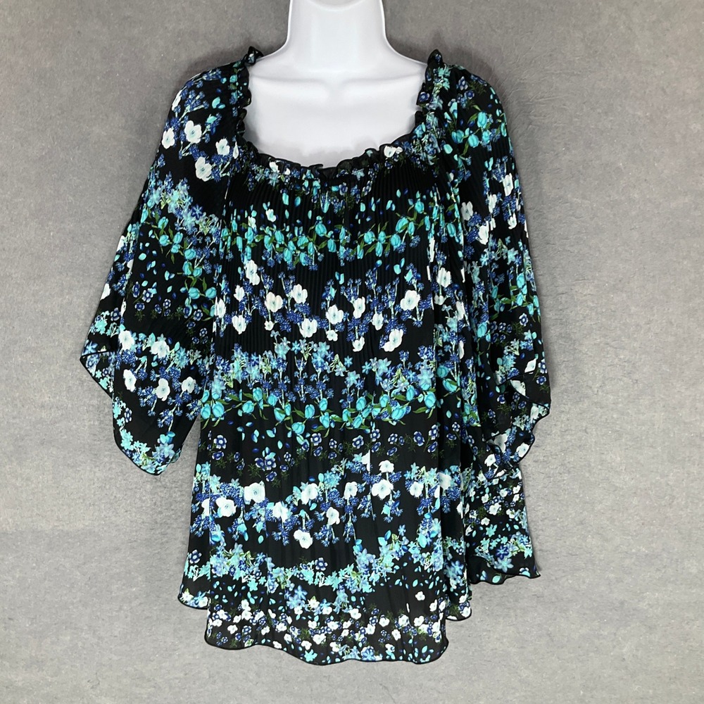 Worthington Top Women Sz XL Dark Floral Garden Pleated Blouse 3/4 Flare Sleeve